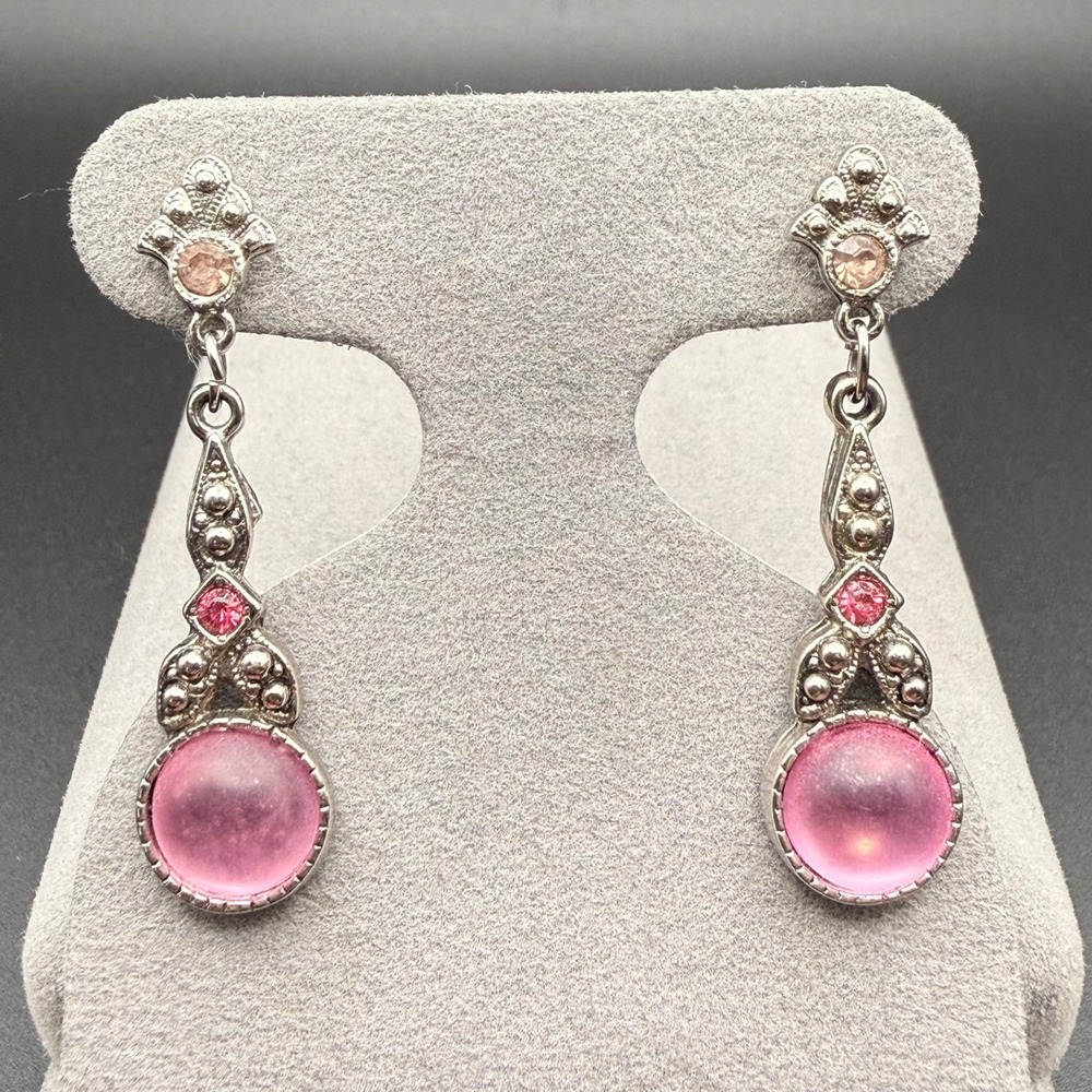 Vintage Pink Cabochon & Rhinestone Dangle Earrings Silver Tone Ornate Art Deco